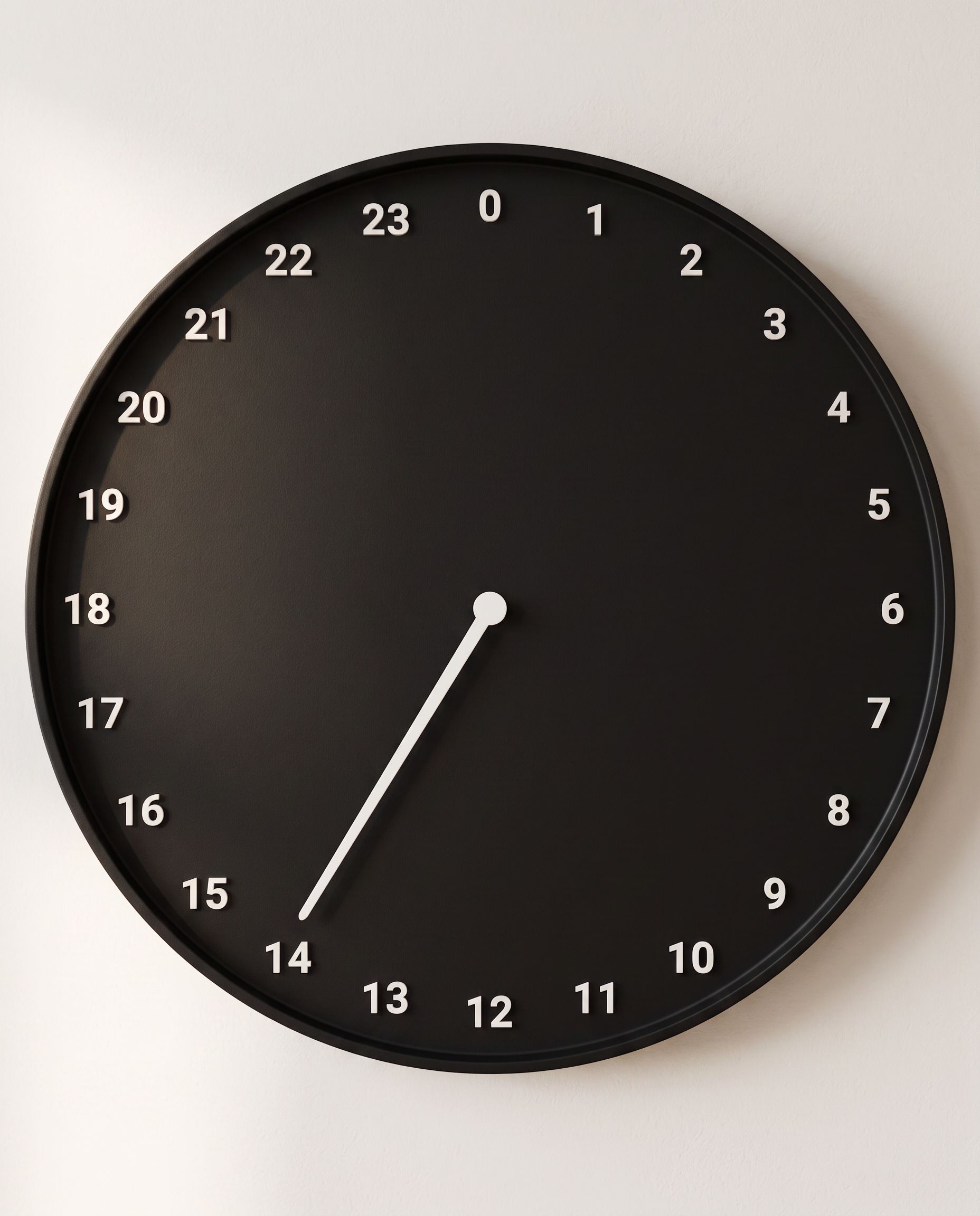 Black 24-hour clock on a plaster wall