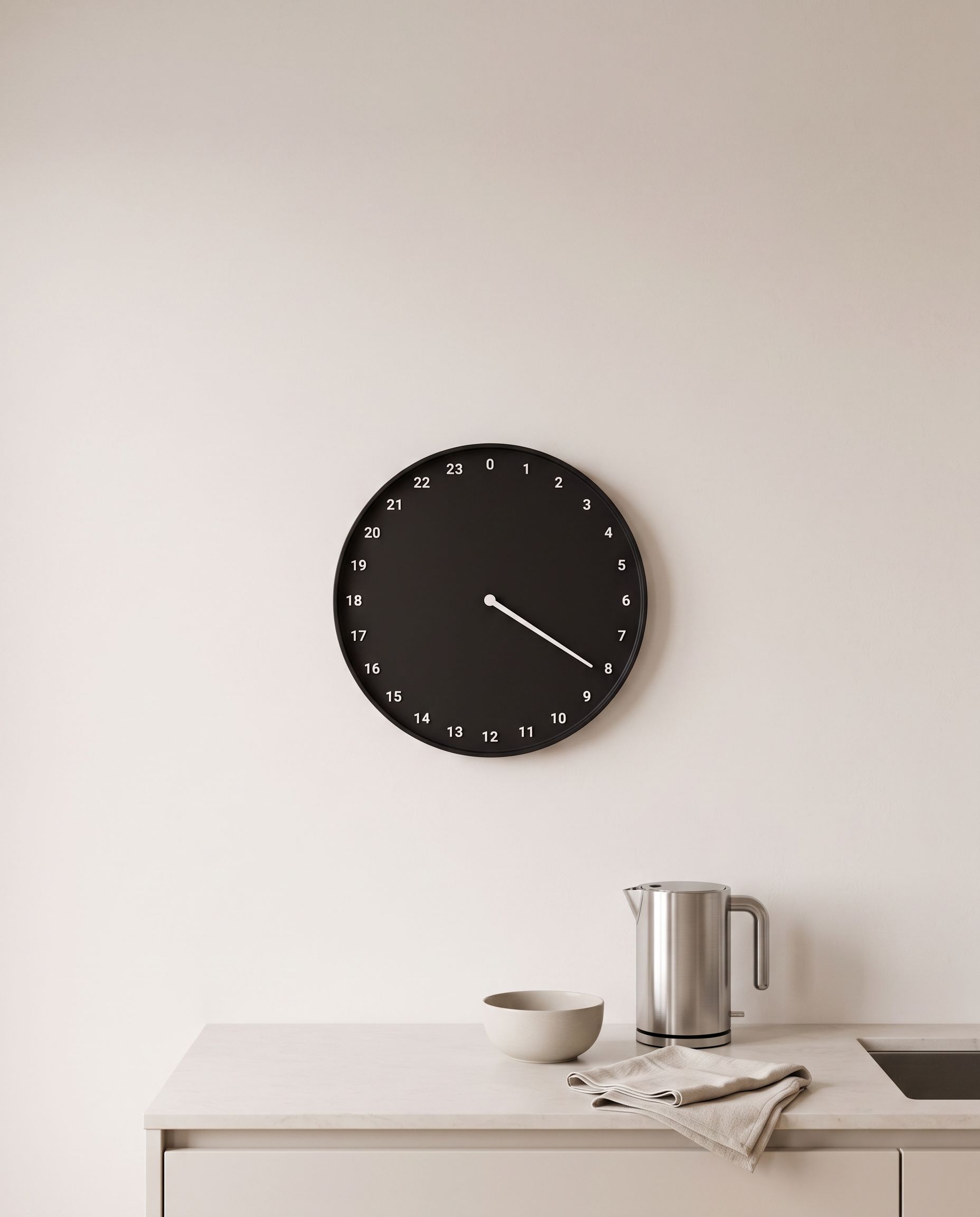 The clock above a kitchen worktop in morning light