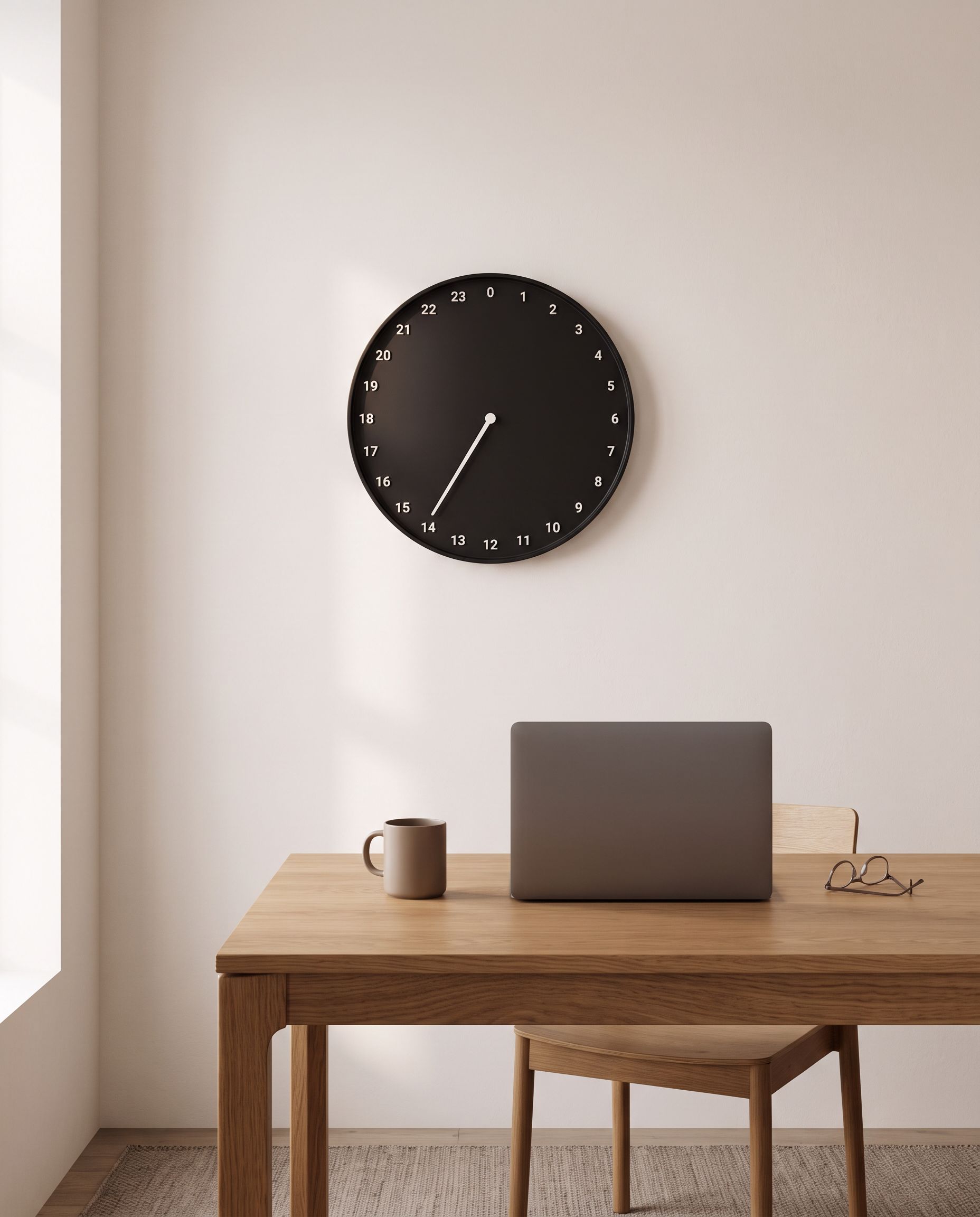 The clock above an oak desk in a home office