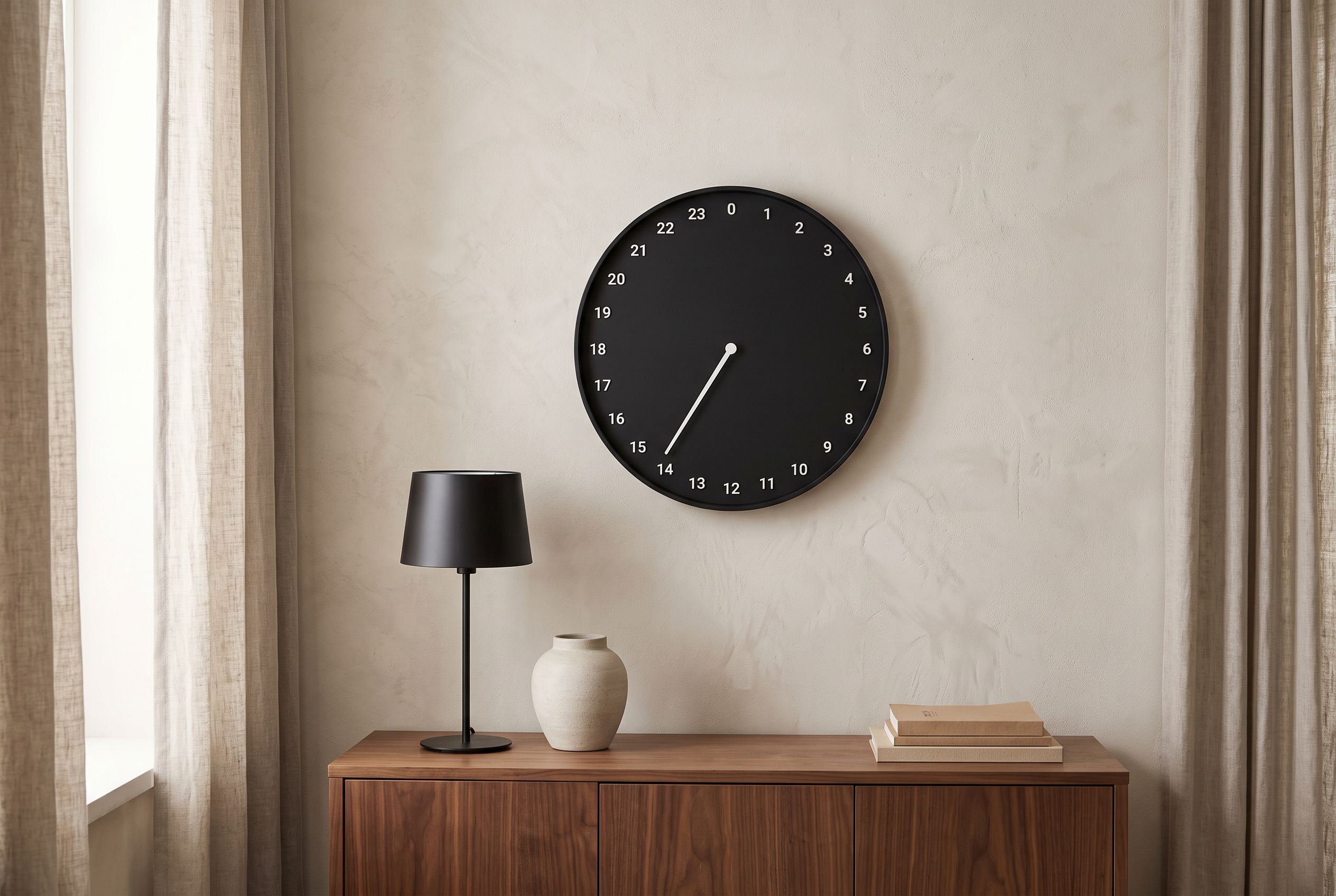 The Etmaal clock above a sideboard in a calm room